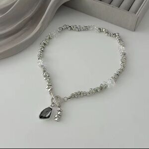 Anthropologie Silver-Tone Beaded Choker with Black Faceted Charm